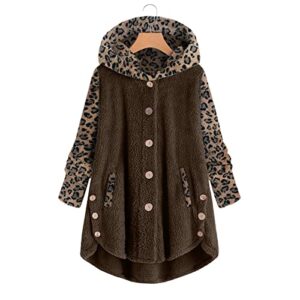 YRAETENM Womens Winter Coats Long Sleeve Button Down Overcoats Plush Warm Soft Hooded Outwear Leopard Print Fall Jackets