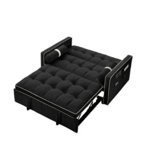 modern 55.5" pull out sleep sofa bed 2 seater loveseats sofa couch with side pockets, adjsutable backrest and lumbar pillows,for bedrooms easy to assemble wooden noise free platform bed suitable