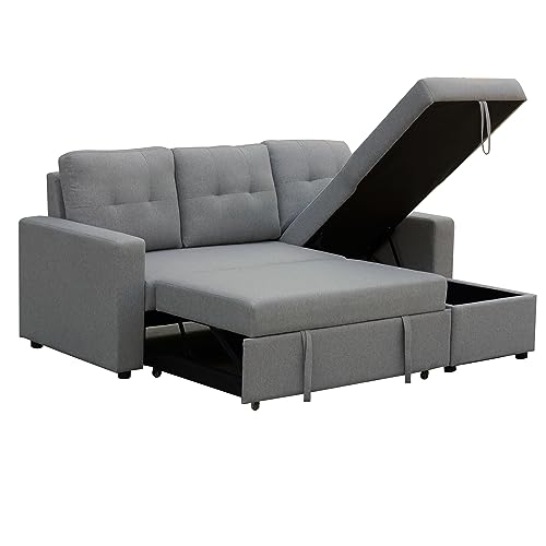 INSTORY Linen Sofa Bed Convertible Sectional Sofa Reversible Pull Out Couch Bed L-Shaped Sleeper Sofabed with Storage Chaise for Living Room