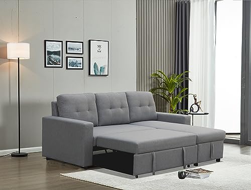 INSTORY Linen Sofa Bed Convertible Sectional Sofa Reversible Pull Out Couch Bed L-Shaped Sleeper Sofabed with Storage Chaise for Living Room