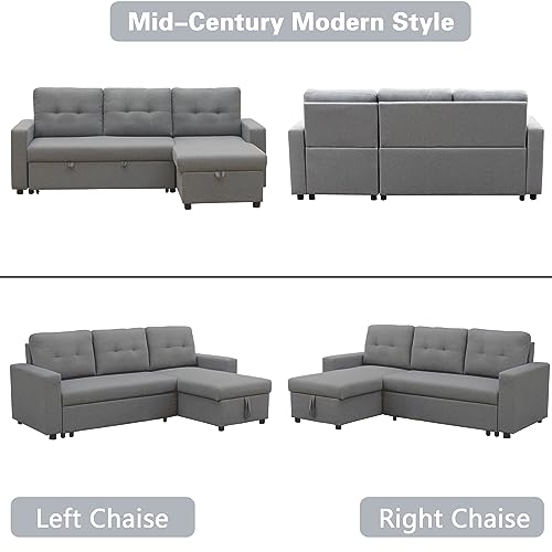 INSTORY Linen Sofa Bed Convertible Sectional Sofa Reversible Pull Out Couch Bed L-Shaped Sleeper Sofabed with Storage Chaise for Living Room