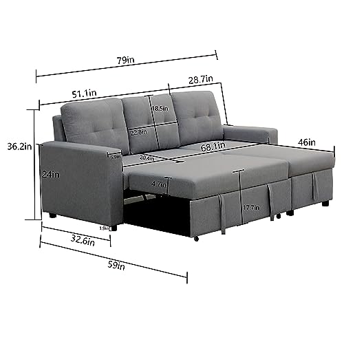 INSTORY Linen Sofa Bed Convertible Sectional Sofa Reversible Pull Out Couch Bed L-Shaped Sleeper Sofabed with Storage Chaise for Living Room