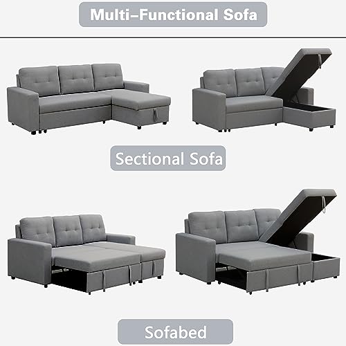 INSTORY Linen Sofa Bed Convertible Sectional Sofa Reversible Pull Out Couch Bed L-Shaped Sleeper Sofabed with Storage Chaise for Living Room