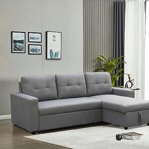 INSTORY Linen Sofa Bed Convertible Sectional Sofa Reversible Pull Out Couch Bed L-Shaped Sleeper Sofabed with Storage Chaise for Living Room