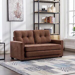 lifeand modern upholstered couch with side pocket for living room office 59.4" loveseat sofa with pull-out bed, brown