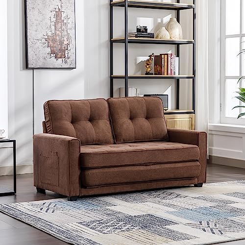 Lifeand Modern Upholstered Couch with Side Pocket for Living Room Office 59.4" Loveseat Sofa with Pull-Out Bed, Brown