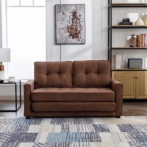 Lifeand Modern Upholstered Couch with Side Pocket for Living Room Office 59.4" Loveseat Sofa with Pull-Out Bed, Brown