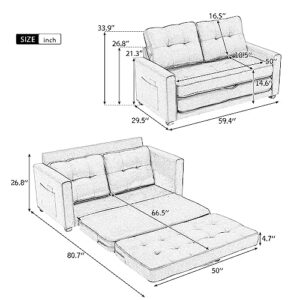 Lifeand Modern Upholstered Couch with Side Pocket for Living Room Office 59.4" Loveseat Sofa with Pull-Out Bed, Brown