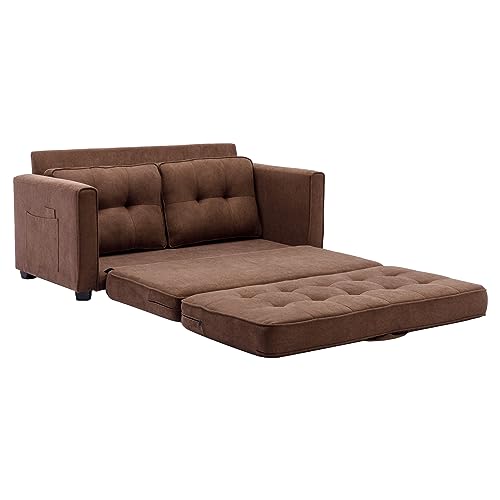 Lifeand Modern Upholstered Couch with Side Pocket for Living Room Office 59.4" Loveseat Sofa with Pull-Out Bed, Brown