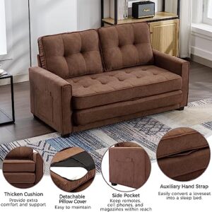 Lifeand Modern Upholstered Couch with Side Pocket for Living Room Office 59.4" Loveseat Sofa with Pull-Out Bed, Brown