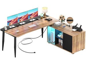 unikito l shaped desk with file cabinet & power outlet, 55 inch large corner computer desks with led strip, l-shaped computer desk with door and storage shelves for home office, rustic walnut