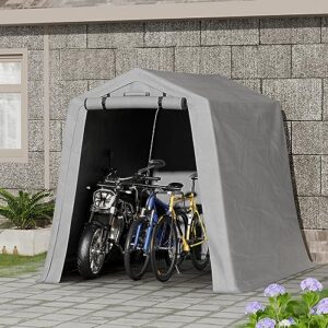 greesum 6 x 6 x 7 ft storage shed canopy portable shelter heavy duty outdoor carport with roll-up zipper door for bike, motorcycle, garden storage, waterproof and uv resistant, gray