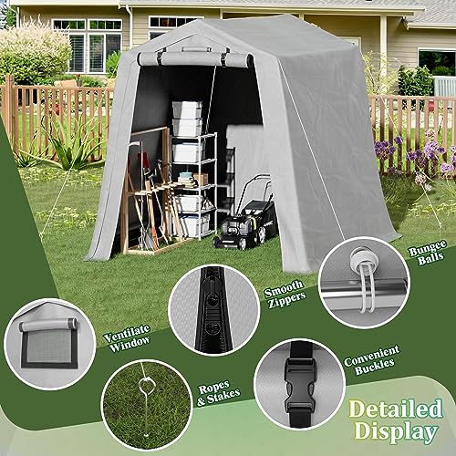 Greesum 6 x 6 x 7 ft Storage Shed Canopy Portable Shelter Heavy Duty Outdoor Carport with Roll-up Zipper Door for Bike, Motorcycle, Garden Storage, Waterproof and UV Resistant, Gray