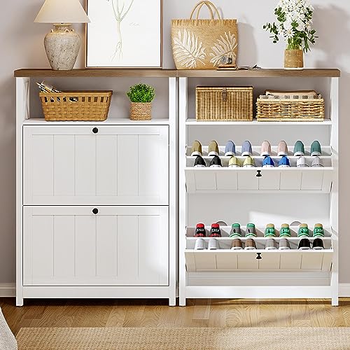 YITAHOME Shoe Cabinet with 2 Flip Drawers, Entryway Shoe Storage Cabinet with Open Shelves, Free Standing Hidden Shoe Rack Storage Organizer for Entryway/Hallway/Closet, White