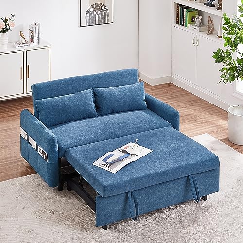 55.1" Pull Out Sofa Bed, 2 Seater Loveseats Sofa Couch with Adjustable Backrest, Storage Pockets, 2 Soft Pillows, Convertible Sleeper Sofa Bed for Living Room Bedroom Apartment Office (Blue 091)