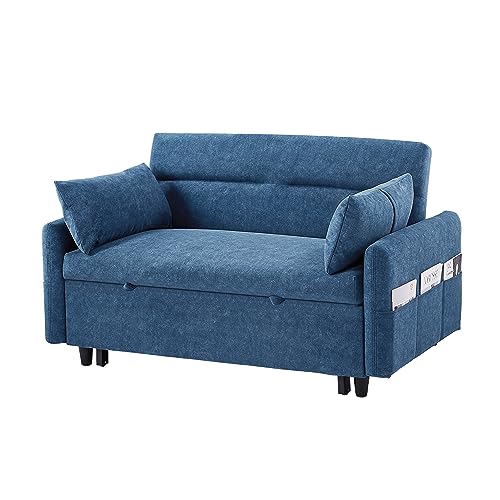 55.1" Pull Out Sofa Bed, 2 Seater Loveseats Sofa Couch with Adjustable Backrest, Storage Pockets, 2 Soft Pillows, Convertible Sleeper Sofa Bed for Living Room Bedroom Apartment Office (Blue 091)