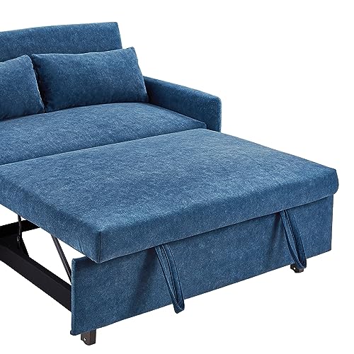 55.1" Pull Out Sofa Bed, 2 Seater Loveseats Sofa Couch with Adjustable Backrest, Storage Pockets, 2 Soft Pillows, Convertible Sleeper Sofa Bed for Living Room Bedroom Apartment Office (Blue 091)