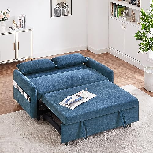 55.1" Pull Out Sofa Bed, 2 Seater Loveseats Sofa Couch with Adjustable Backrest, Storage Pockets, 2 Soft Pillows, Convertible Sleeper Sofa Bed for Living Room Bedroom Apartment Office (Blue 091)