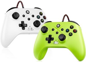 2 pack wired controller compatible with xbox one s/x, xbox series x/s windows 10/11 pc gaming controller with audio jack & volume button/turbo/macro/motion control & dual shock (white+green)