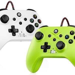 2 Pack Wired Controller Compatible with Xbox One S/X, Xbox Series X/S Windows 10/11 PC Gaming Controller with Audio Jack & Volume Button/Turbo/Macro/Motion Control & Dual Shock (White+Green)