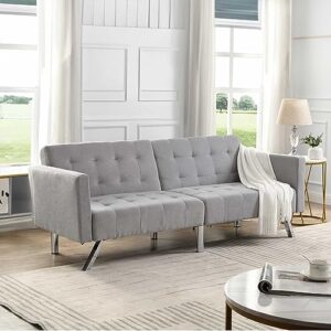 ridfy 75” modern futon sofa bed, convertible sleeper couch with metal legs/armrests/pillows, folding upholstered loveseat, lounge sofa, memory foam living seat for small space/office (light grey)