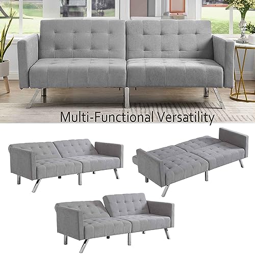 RIDFY 75” Modern Futon Sofa Bed, Convertible Sleeper Couch with Metal Legs/Armrests/Pillows, Folding Upholstered Loveseat, Lounge Sofa, Memory Foam Living Seat for Small Space/Office (Light Grey)