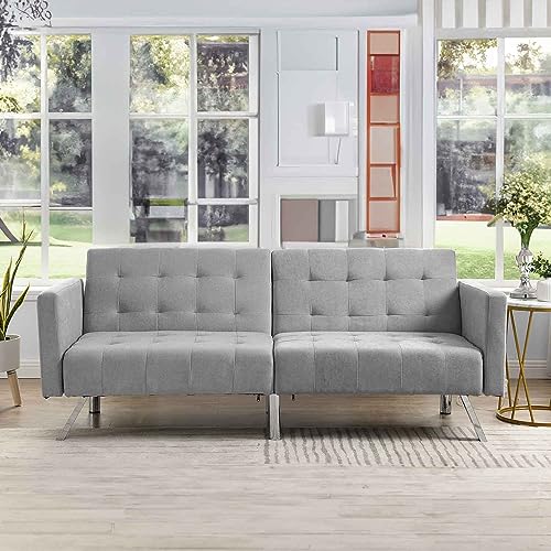 RIDFY 75” Modern Futon Sofa Bed, Convertible Sleeper Couch with Metal Legs/Armrests/Pillows, Folding Upholstered Loveseat, Lounge Sofa, Memory Foam Living Seat for Small Space/Office (Light Grey)