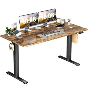 olixis electric, height adjustable sit stand ergonomic desk computer workstations with wire holes and hooks for work and study, 24" d x 63" w x 48" h, rustic brown