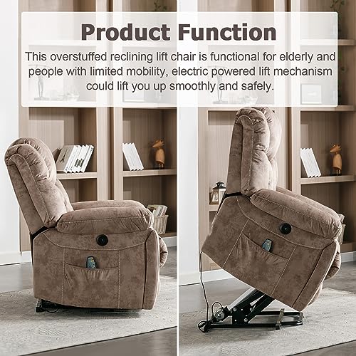 CANMOV Large Power Lift Recliner Chair for Elderly, Massage and Heated Lift Chair for Seniors Big and Tall People, Fabric Reclining Chair with Concealed Cup Holders, Side Pocket, USB Port (Camel)