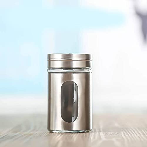 Glass and Stainless Steel Salt and Pepper Shakers - Powdered Sugar Duster with Pour Holes - Transparent Window Spice Container