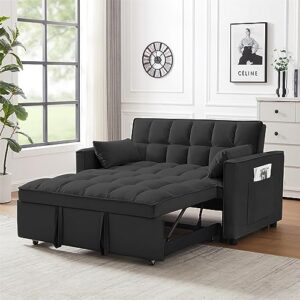 polibi convertible sleeper sofa bed, modern velvet loveseat futon sofa couch w/pullout bed, lounge sofa w/reclining backrest, toss pillows, storage pockets, black