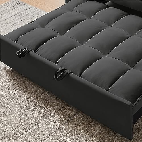 Polibi Convertible Sleeper Sofa Bed, Modern Velvet Loveseat Futon Sofa Couch w/Pullout Bed, Lounge Sofa w/Reclining Backrest, Toss Pillows, Storage Pockets, Black