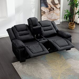 erye faux upholstered manual motion seaters 2 cup holders and two recliner chaise, wall hugger sofa & couch for home theater apartment rv living room furniture sets, black pu leather 77.9" w