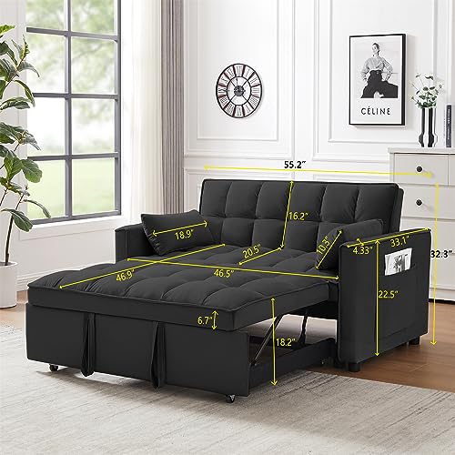 Polibi Convertible Sleeper Sofa Bed, Modern Velvet Loveseat Futon Sofa Couch w/Pullout Bed, Lounge Sofa w/Reclining Backrest, Toss Pillows, Storage Pockets, Black