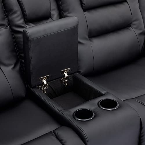 ERYE Faux Upholstered Manual Motion Seaters 2 Cup Holders and Two Recliner Chaise, Wall Hugger Sofa & Couch for Home Theater Apartment RV Living Room Furniture Sets, Black PU Leather 77.9" W