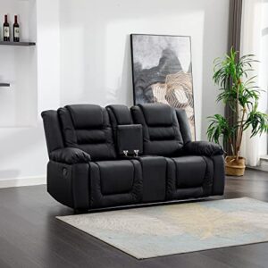 ERYE Faux Upholstered Manual Motion Seaters 2 Cup Holders and Two Recliner Chaise, Wall Hugger Sofa & Couch for Home Theater Apartment RV Living Room Furniture Sets, Black PU Leather 77.9" W