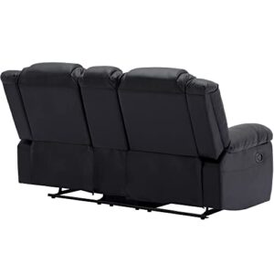 ERYE Faux Upholstered Manual Motion Seaters 2 Cup Holders and Two Recliner Chaise, Wall Hugger Sofa & Couch for Home Theater Apartment RV Living Room Furniture Sets, Black PU Leather 77.9" W