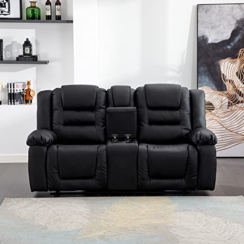 ERYE Faux Upholstered Manual Motion Seaters 2 Cup Holders and Two Recliner Chaise, Wall Hugger Sofa & Couch for Home Theater Apartment RV Living Room Furniture Sets, Black PU Leather 77.9" W