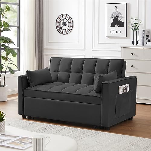 Polibi Convertible Sleeper Sofa Bed, Modern Velvet Loveseat Futon Sofa Couch w/Pullout Bed, Lounge Sofa w/Reclining Backrest, Toss Pillows, Storage Pockets, Black