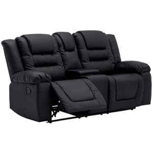 ERYE Faux Upholstered Manual Motion Seaters 2 Cup Holders and Two Recliner Chaise, Wall Hugger Sofa & Couch for Home Theater Apartment RV Living Room Furniture Sets, Black PU Leather 77.9" W