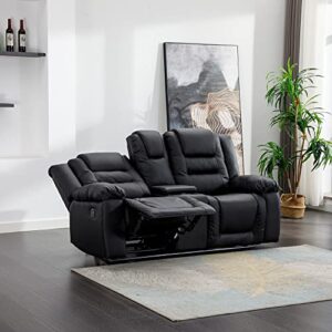 ERYE Faux Upholstered Manual Motion Seaters 2 Cup Holders and Two Recliner Chaise, Wall Hugger Sofa & Couch for Home Theater Apartment RV Living Room Furniture Sets, Black PU Leather 77.9" W