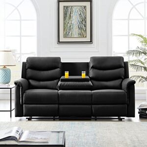 faux leather upholstered manual motion reclining 3 seaters sofa couch with 2 cup holders and two recliner chaise ,pu wall hugger sofa & couch for home theater apartment rv living room furniture sets
