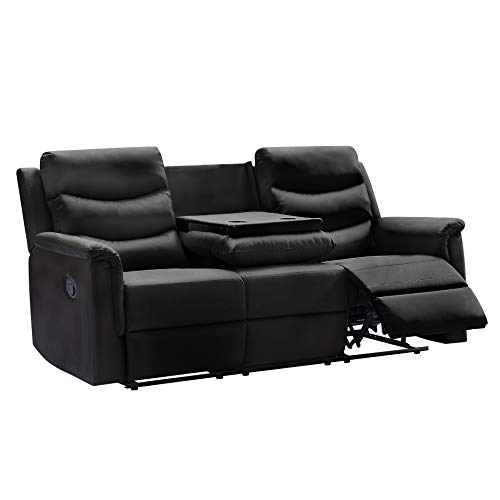 Faux Leather Upholstered Manual Motion Reclining 3 Seaters Sofa Couch with 2 Cup Holders and Two Recliner Chaise ,PU Wall Hugger Sofa & Couch for Home Theater Apartment RV Living Room Furniture Sets