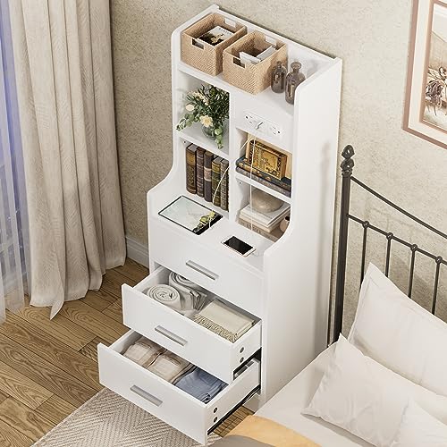 YESHOMY Nightstand with Charging Station and USB Ports, 47" Tall End Table with Adjustable Bookshelf, 3 Drawers with Storage Cabinet for Home Bedroom, Livingroom, White