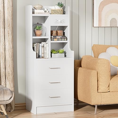 YESHOMY Nightstand with Charging Station and USB Ports, 47" Tall End Table with Adjustable Bookshelf, 3 Drawers with Storage Cabinet for Home Bedroom, Livingroom, White