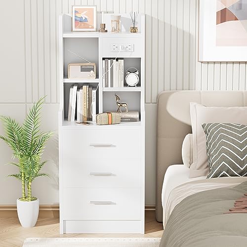 YESHOMY Nightstand with Charging Station and USB Ports, 47" Tall End Table with Adjustable Bookshelf, 3 Drawers with Storage Cabinet for Home Bedroom, Livingroom, White