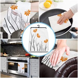 Kitchen Towels Dish Towel Set of 1,Orange Flowers Abstract Lines Absorbent Hand Towels Cleaning Dishcloth Tea Towels,Modern Minimalist Plant White Back Reusable Drying Dish Cloths