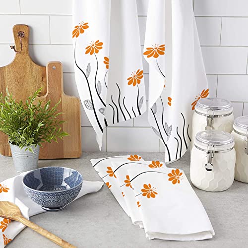 Kitchen Towels Dish Towel Set of 1,Orange Flowers Abstract Lines Absorbent Hand Towels Cleaning Dishcloth Tea Towels,Modern Minimalist Plant White Back Reusable Drying Dish Cloths