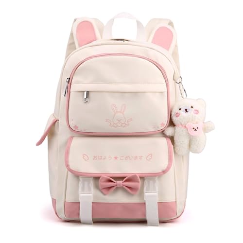 ZHSteveG Pink Backpack Bow With Pendant Cute Large Capacity Kawaii Aesthetic Backpack Cute Mochilas Daypacks (Pink white)