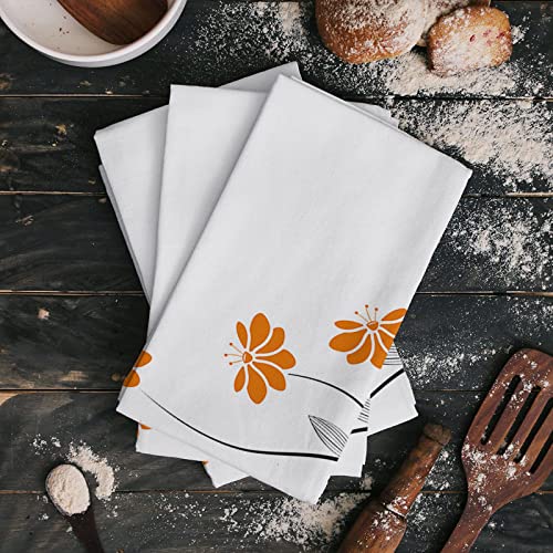 Kitchen Towels Dish Towel Set of 1,Orange Flowers Abstract Lines Absorbent Hand Towels Cleaning Dishcloth Tea Towels,Modern Minimalist Plant White Back Reusable Drying Dish Cloths